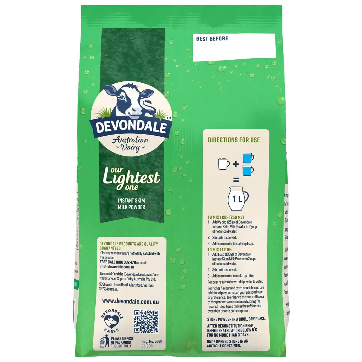 Devondale Australian Dairy Light Instant Skim Milk Powder 1kg Pouch High Calcium