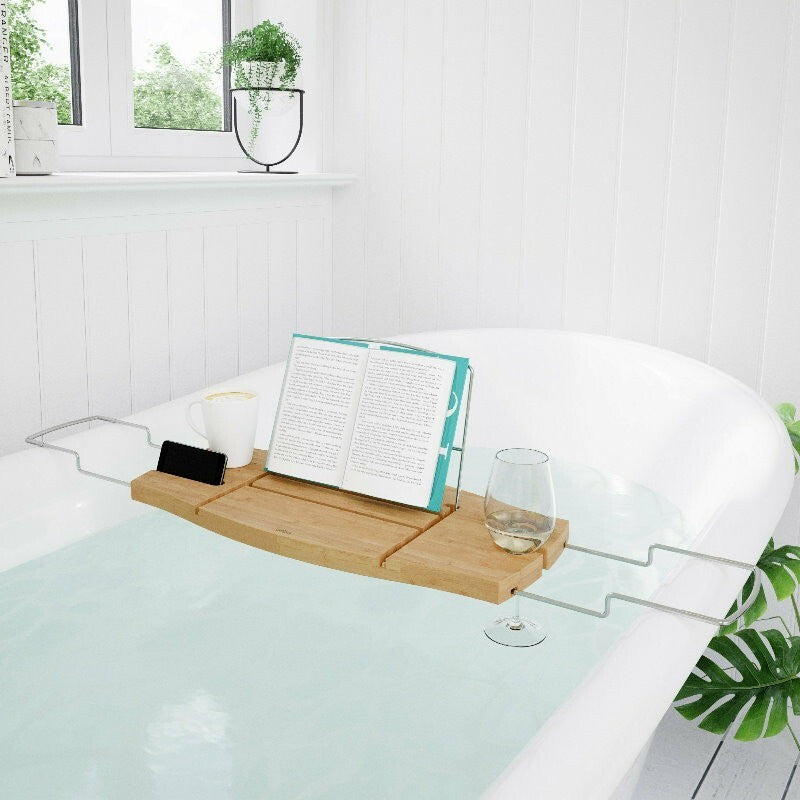 Umbra Aquala Bamboo Extendable Bath Tub Caddy Wine Glass Ipad Book Holder