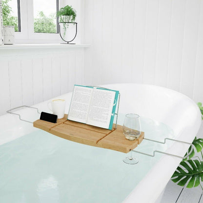 Umbra Aquala Bamboo Extendable Bath Tub Caddy Wine Glass Ipad Book Holder