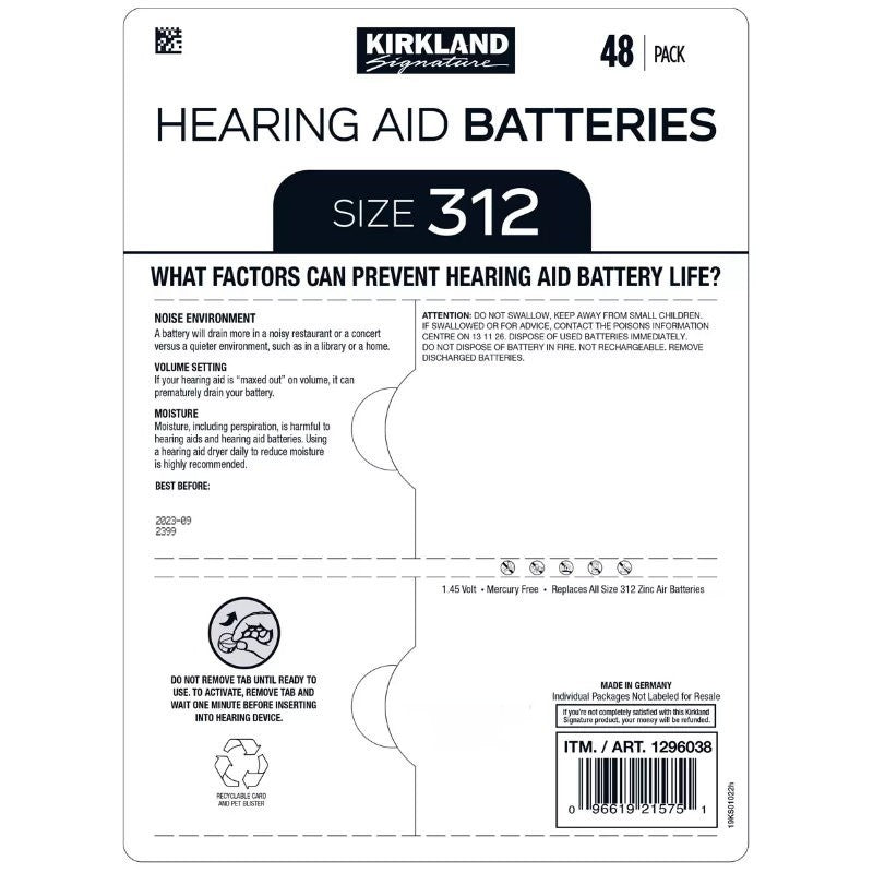 Kirkland Signature 48-Pack Premium Hearing Aid Batteries Size 10, 312, 13, 675