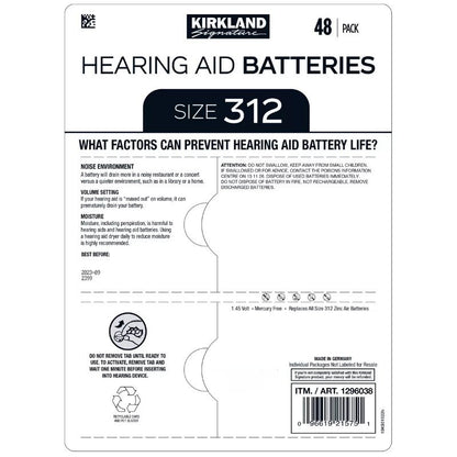 Kirkland Signature 48-Pack Premium Hearing Aid Batteries Size 10, 312, 13, 675