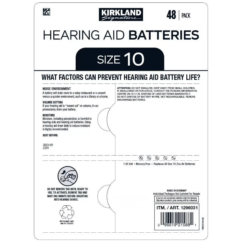 Kirkland Signature 48-Pack Premium Hearing Aid Batteries Size 10, 312, 13, 675