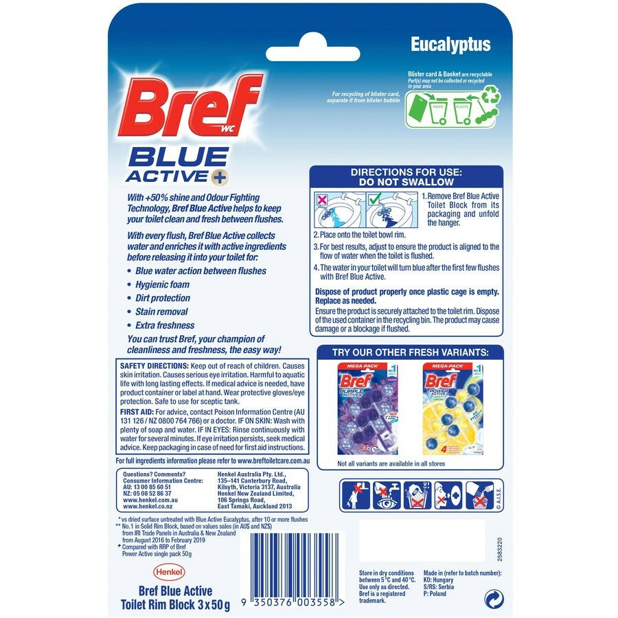 Bref Blue Active Eucalyptus Rim Block Toilet Odour Hygienically Cleaner 9 x 50g