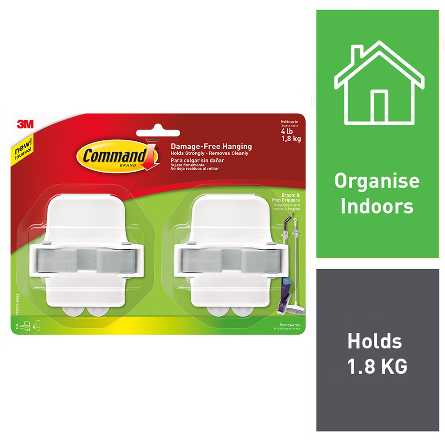 2 x 3M Command White Adhesive Broom Stick Gripper Holder Storage Holds 1.8Kg