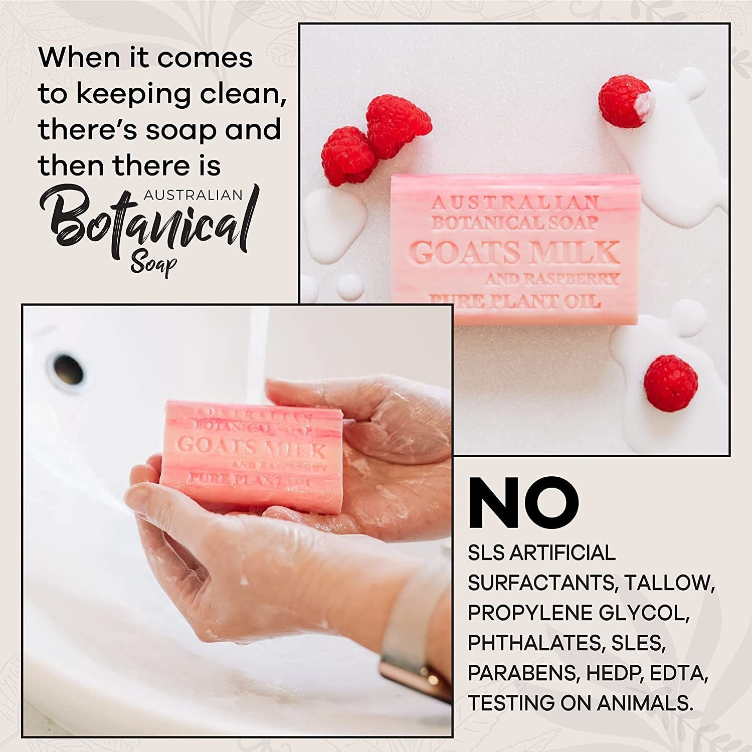 Australian Botanical Goats Milk & Raspberry Body Gentle Wash Bar Soap 8 x 200g