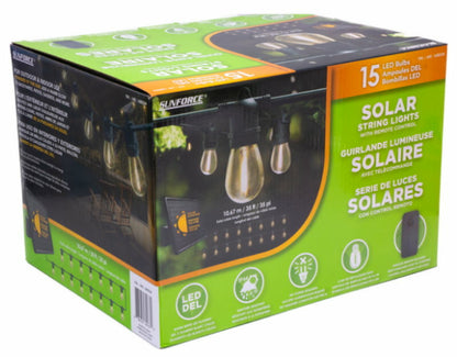 Sunforce Solar Powered Outdoor Waterproof 15 LED Bulbs String Lights w/ Remote
