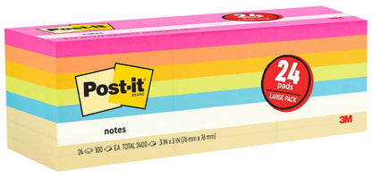 Post-It 3M Self-Stick Notes 3" x 3" Large 24 Pads (2400 Count) Assorted Colours
