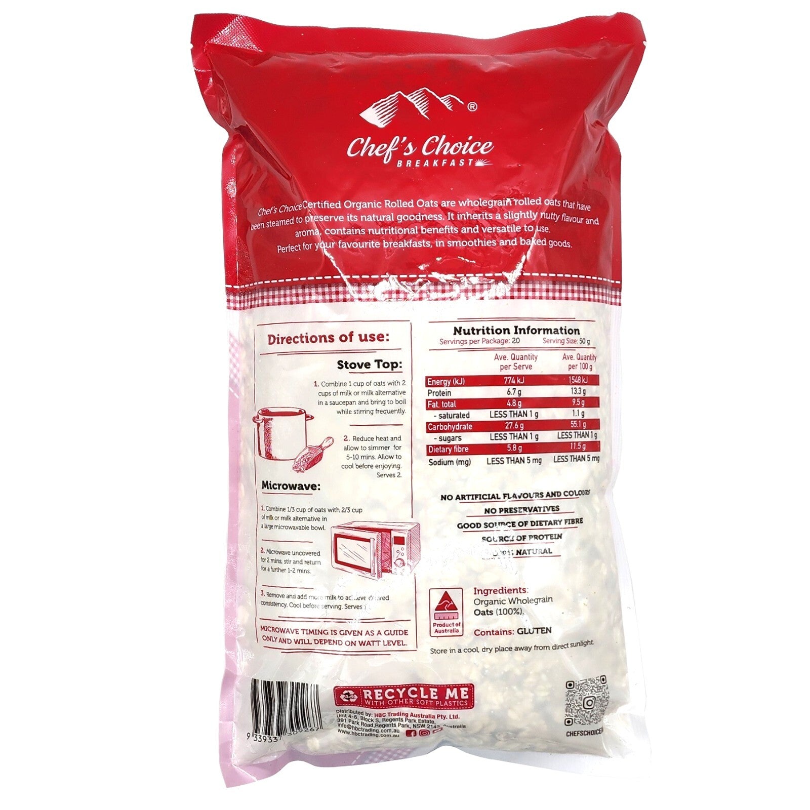 Australian Organic Breakfast Rolled Oats Source of Protein Fibre GMO Free 1kg