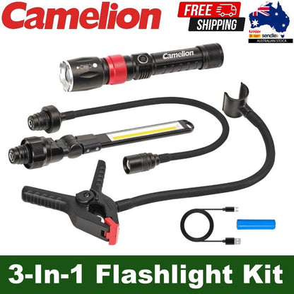 Camelion 3-in-1 LED Waterproof Rechargeable Flashlight Kit Work Light Flexible