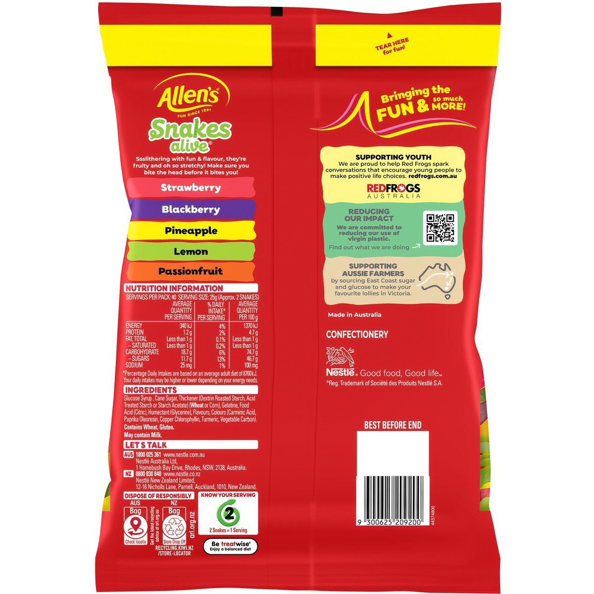 2 x 1kg Allen's Snakes Alive Kids Soft & Chewy Gummy Lolly Sweets Fruit Flavour