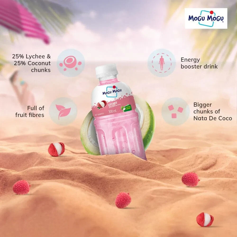 12 x 320ml Mogu Mogu Lychee flavoured Kids drink with Nata De Coco Coconut Jelly