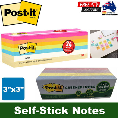 Post-It 3M Self-Stick Notes 3" x 3" Large 24 Pads (2400 Count) Assorted Colours