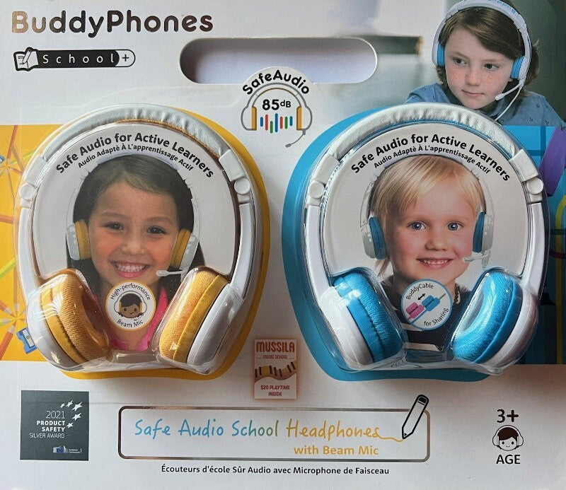 BuddyPhones 2-Pack School+ Home Learning Kids Headphones w/ Mic, BuddyCable