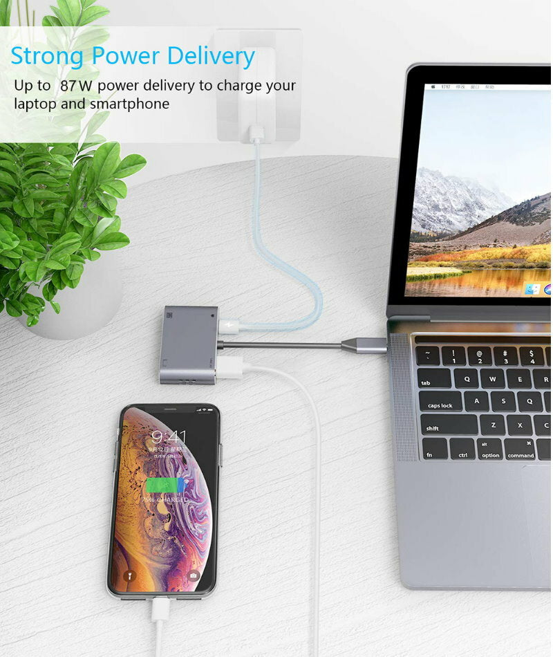 HYD-9837T 4-In-1 Type C USB Adapter Hub w/ HDMI, VGA, USB 3.0, PD 87W Charging