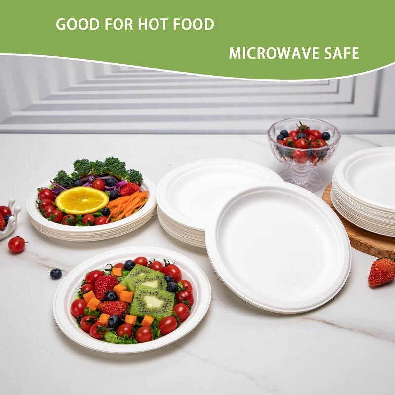 iECO 150-Pack 7" (18cm) Round White Bagasse Disposable Paper Plates Compostable