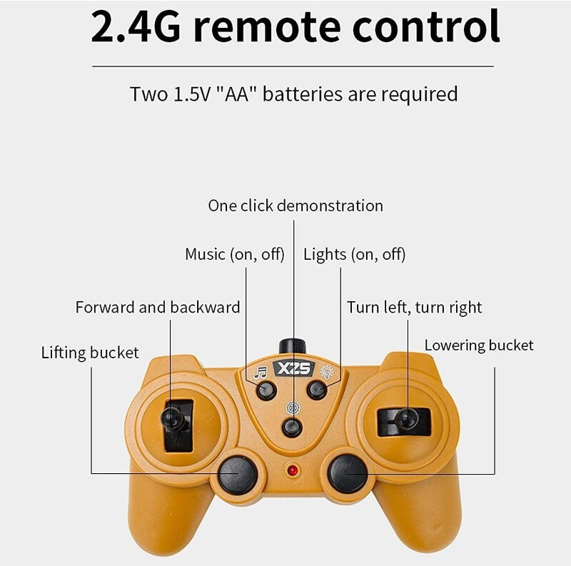 XZS 1:24 360° Rotation 9CH 2.4G RC Bulldozer Toy w/ Sound, Light, Alloy Bucket