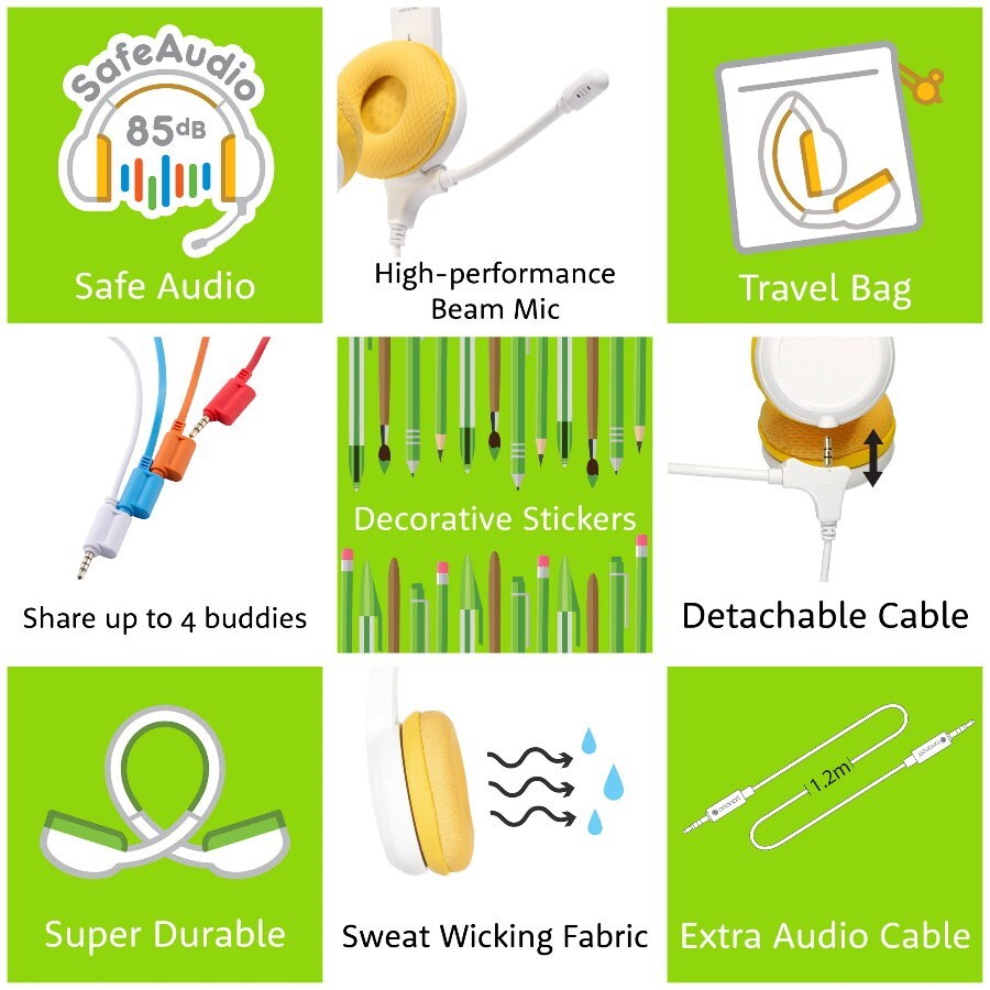 BuddyPhones 2-Pack School+ Home Learning Kids Headphones w/ Mic, BuddyCable