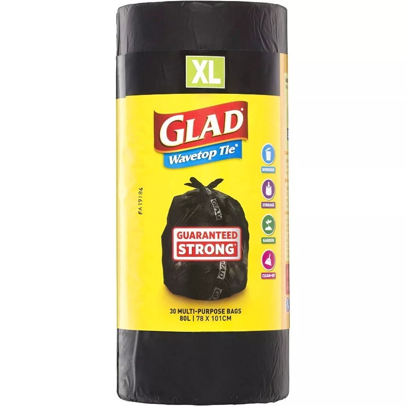 Glad XL 80L Extra Large Wavetop Tie Garbage Bags with Leak Proof Base 78 x 100cm