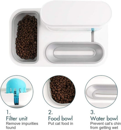 Ameifu 2-in-1 Cat Pet Bowls Food & Water Dispenser with Automatic Water Fountain