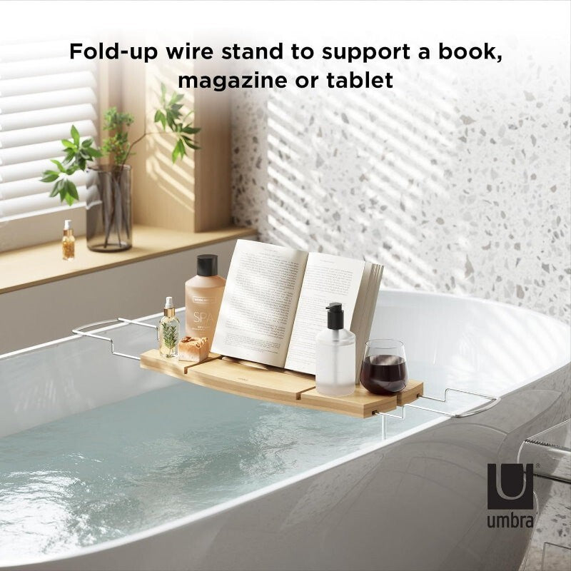 Umbra Aquala Bamboo Extendable Bath Tub Caddy Wine Glass Ipad Book Holder