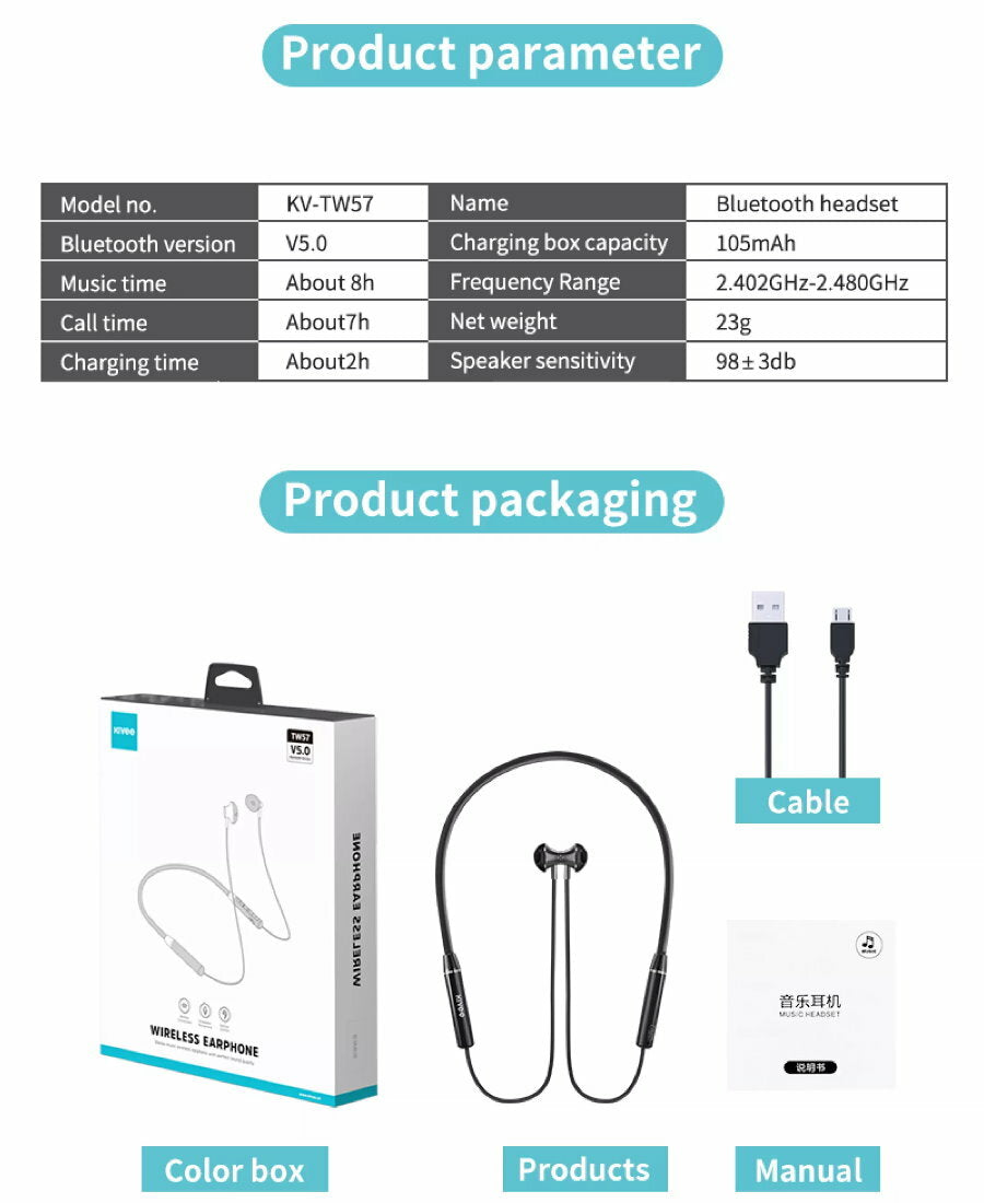 KIVEE TW57 Bluetooth 5.0 Noise Reduction Stereo Neck band Headset iPhone Samsung