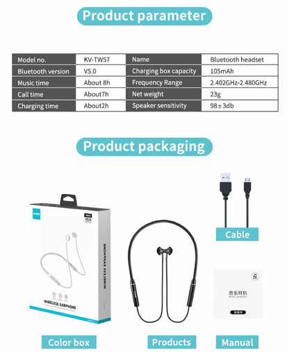 KIVEE TW57 Bluetooth 5.0 Noise Reduction Stereo Neck band Headset iPhone Samsung
