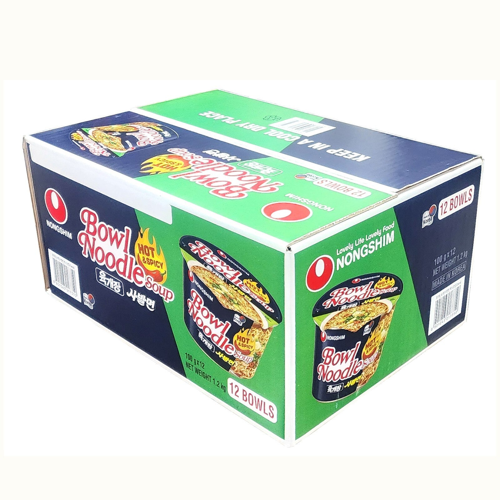 Nongshim Korea Instant Bowl Noodle Soup Hot & Spicy Flavour 100gx 12 Bowls 1.2kg
