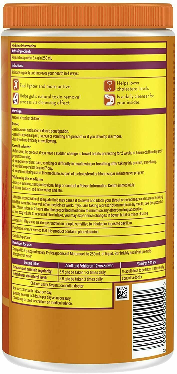 Metamucil Daily Fibre Supplement Natural Psyllium Orange Smooth 228 Doses 1.35kg