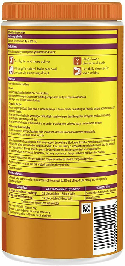 Metamucil Daily Fibre Supplement Natural Psyllium Orange Smooth 228 Doses 1.35kg