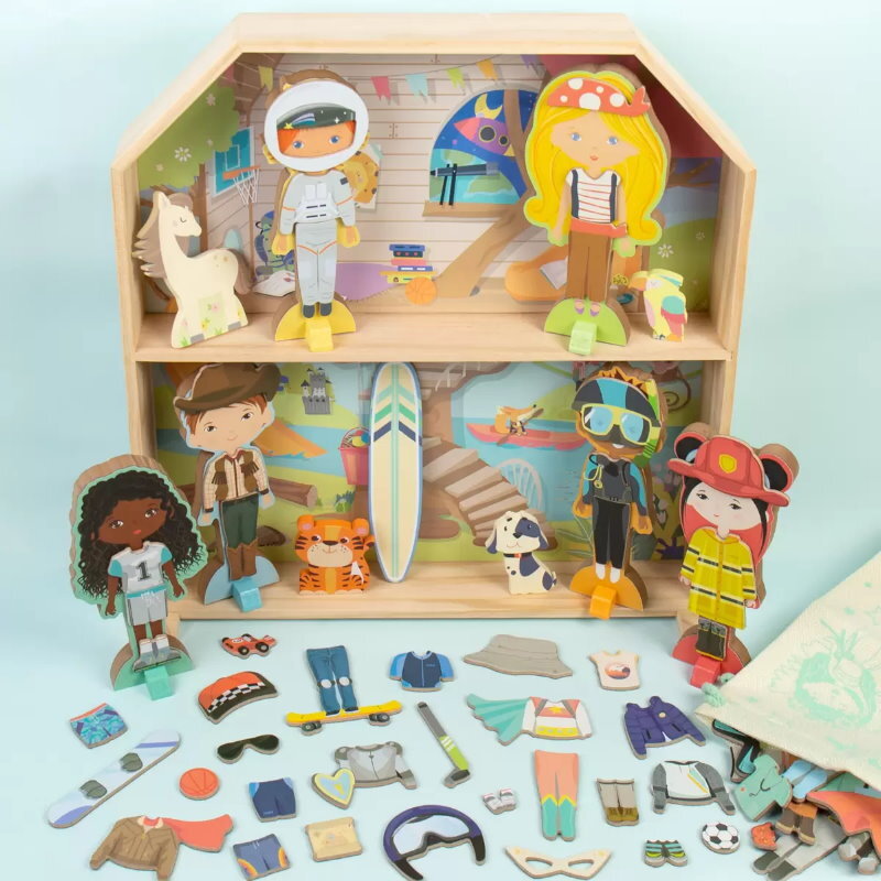 Story Magic Wooden Dress-Up Dolls Assortment -Dollhouse, 10 Figurines, 80 Magnet