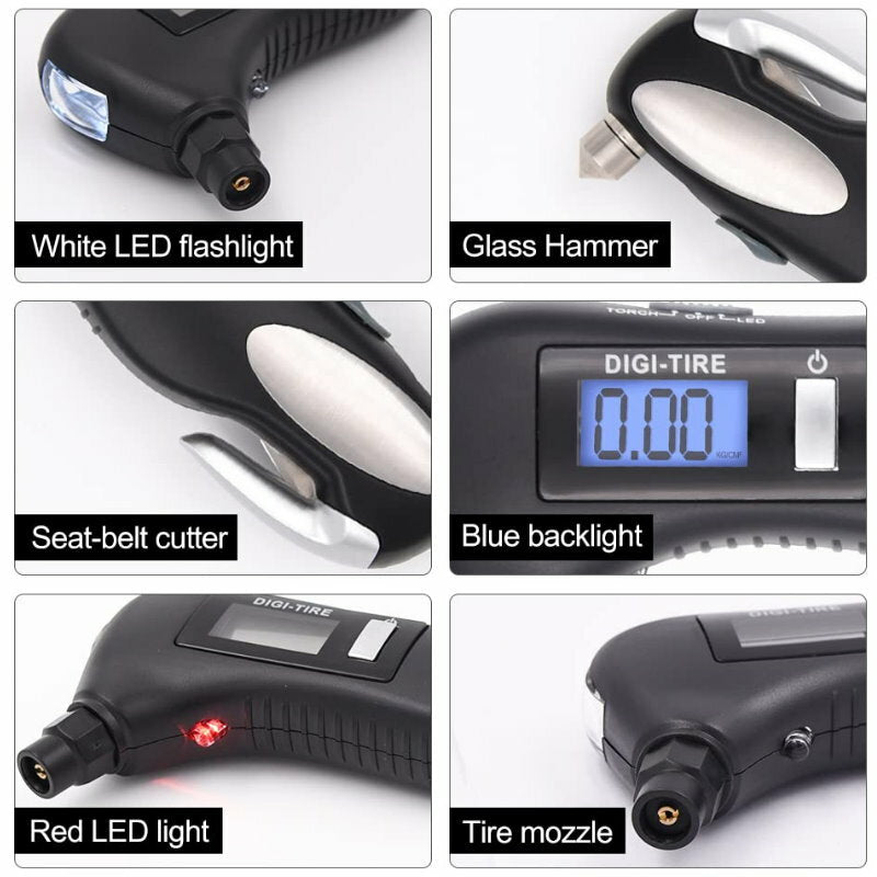 CrewLine 5-in-1 Digital Auto Safety Multi Purpose Tool Tyre Pressure Gauge