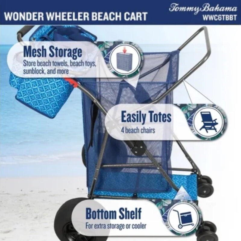 Tommy Bahama XL Wonder Wheeler Deluxe Folding Beach Cart - 45L Cooler, 4 Chairs