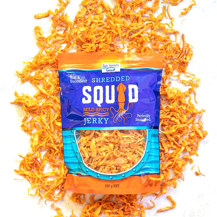 Sea Temple Dried Soft Toasted Shredded Squid Mild Spicy Jerky Snack Pack 3 x320g