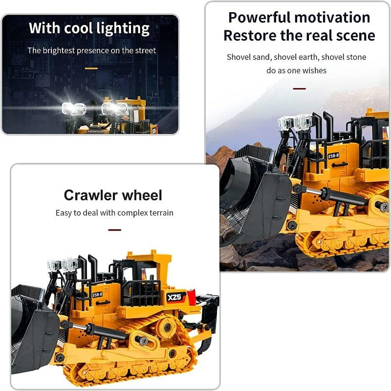 XZS 1:24 360° Rotation 9CH 2.4G RC Bulldozer Toy w/ Sound, Light, Alloy Bucket