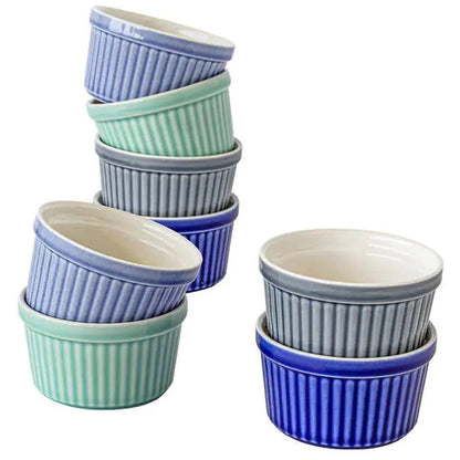 8 x Ceramic Ramekins for Baking Colourful Fluted Porcelain Bowls Souffle 295mL