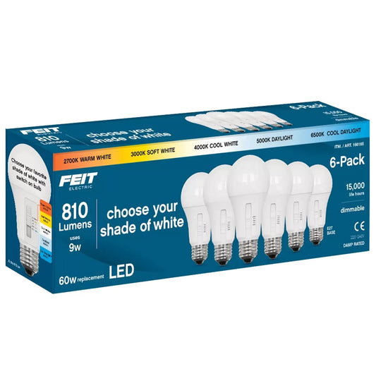6 x FEIT Dimmable LED Light Bulbs Edison Select 2700k to 6500k E27 9w 810 Lumens