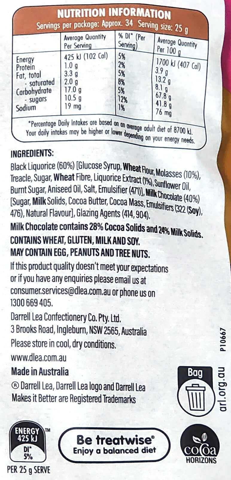 Darrell Lea Milk Chocolate Molasses Liquorice Bullets 850g Bag Kids Sweet Choco