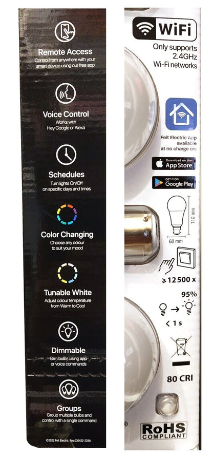 4 x FEIT Dimmable Wifi Colour RGB LED Smart Bulbs Bayonet B22 9w 800 Lumens