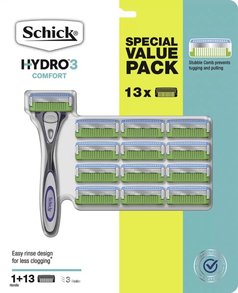 Schick Hydro 3 Comfort Razor for Men One Handle + 13 Refill Blades Cartridges