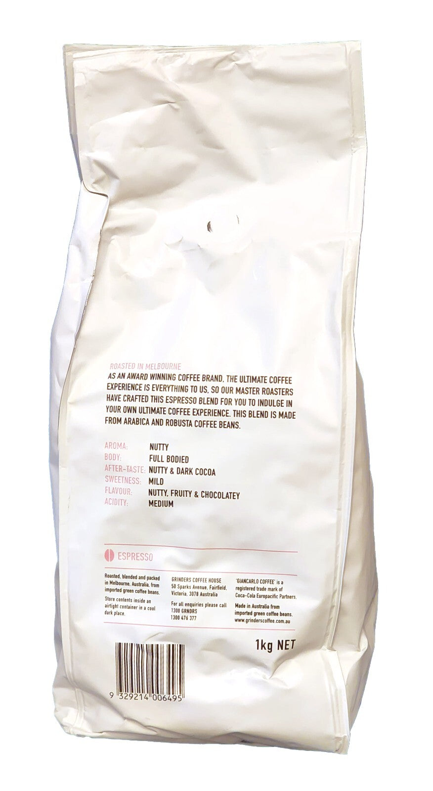 2x1kg Grinders Giancarlo Espresso Arabica Robusta Coffee Whole Bean Medium Roast