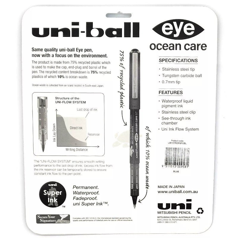 Uni-Ball Eye Ocean Care Rollerball Pen Blue/Black Liquid Ink 0.7mm - UB157