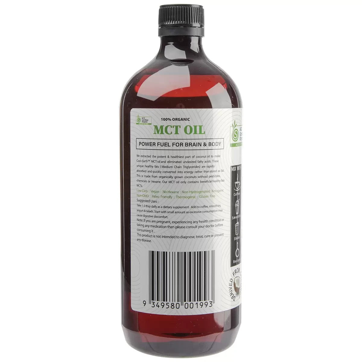 Coco Earth 1L Organic MCT Oil Unflavoured Boost Metabolism Non GMO Gluten Free