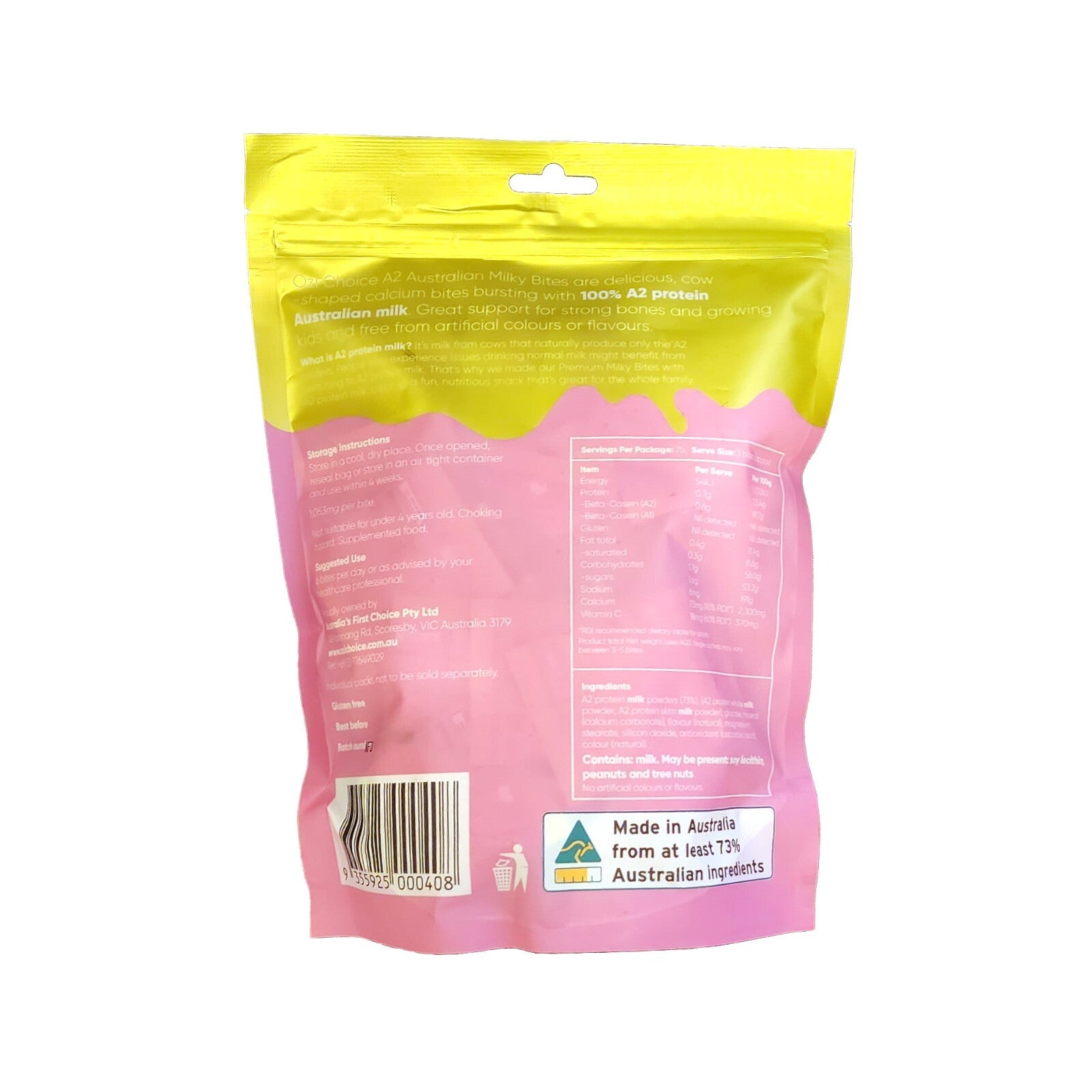 Ozi Choice A2 Calcium Milky Bites Mini Bag Kids Nutritious Strawberry Snack 300g