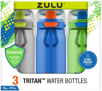 ZULU 3-Pack Kids Flex Tritan Water Bottle Set 16 oz / 473 ml for Boys or Girls