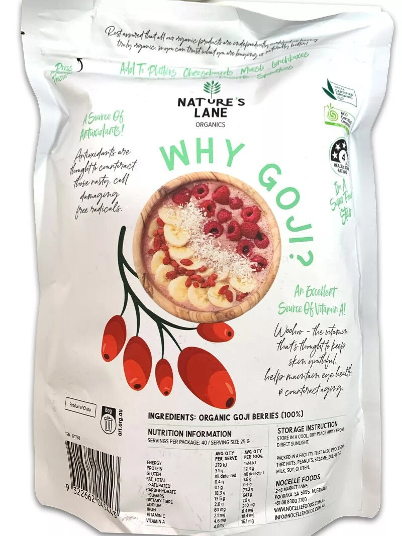 Nature's Lane Organic Dried Goji Berries 1kg - No Artificial Colours or Flavours