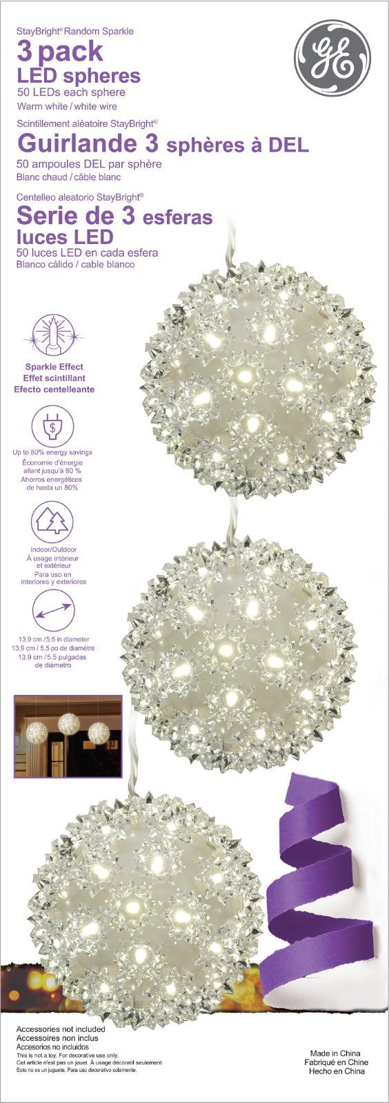 GE 3-Pack 5.5 inch StayBright Random Sparkle LED Spheres Christmas String Light
