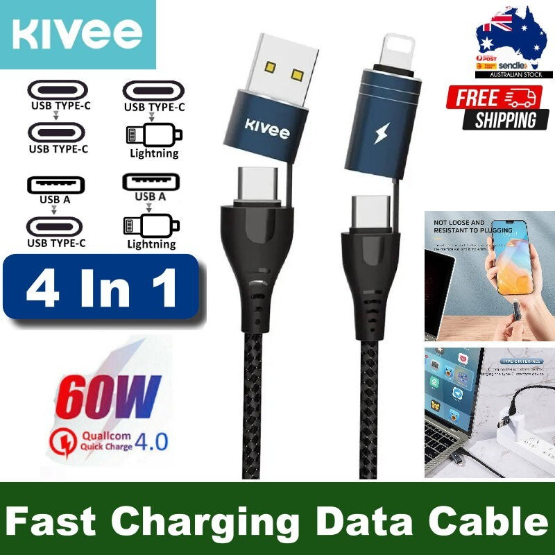 Kivee 4-in-1 Multi Fast Charging Cable USB-C 8 Pin to Type C USB Charging Cable