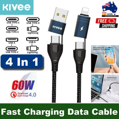 Kivee 4-in-1 Multi Fast Charging Cable USB-C 8 Pin to Type C USB Charging Cable