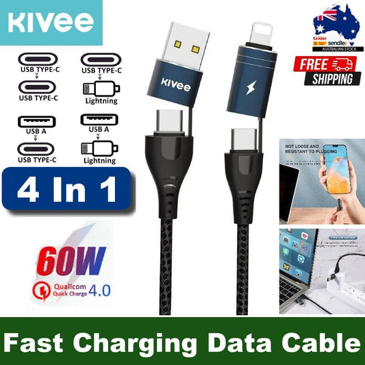 Kivee 4-in-1 Multi Fast Charging Cable USB-C 8 Pin to Type C USB Charging Cable