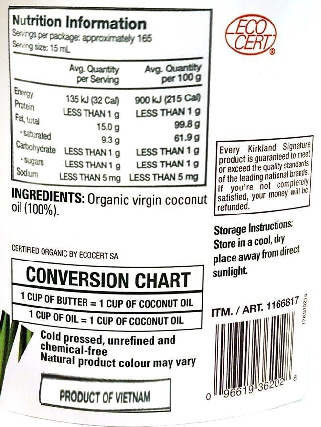 Organic Virgin Coconut Oil Cold Pressed Unrefined Kosher Butter Substitute 2.48L
